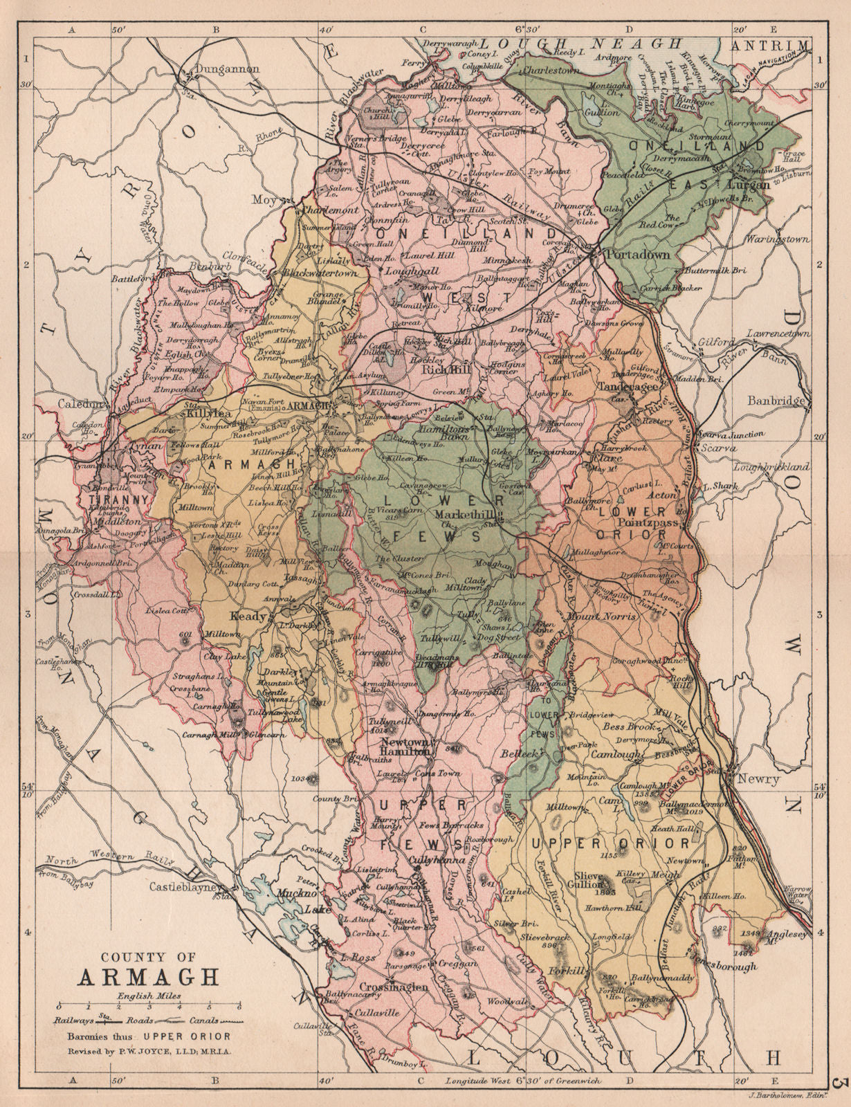 COUNTY ARMAGH. Antique county map. Ulster Portadown. N.Ireland. BARTHOLOMEW 1882